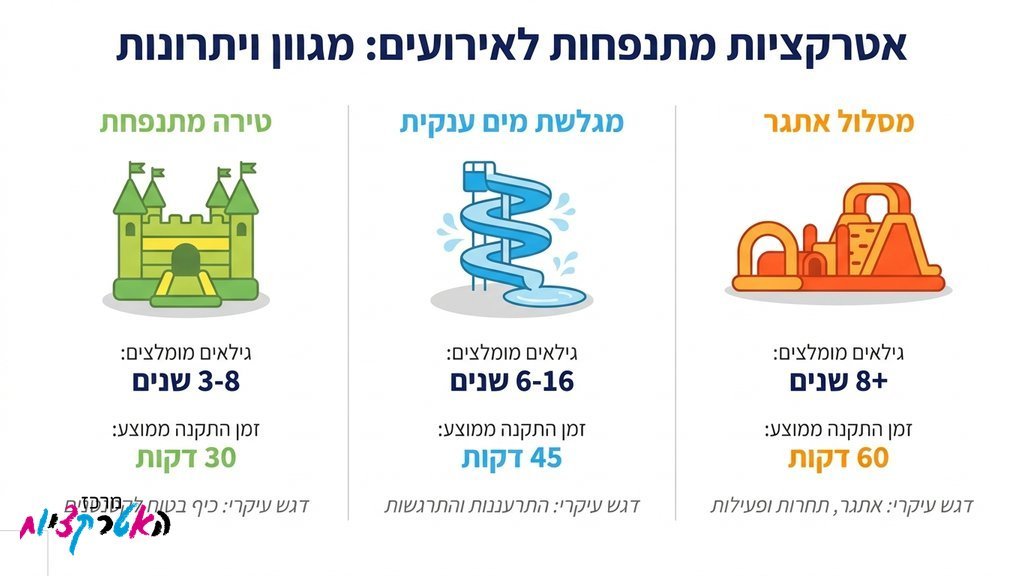מגוון מתנפחים מסוגים שונים מוצבים באירוע גדול מבית מרכז האטרקציות