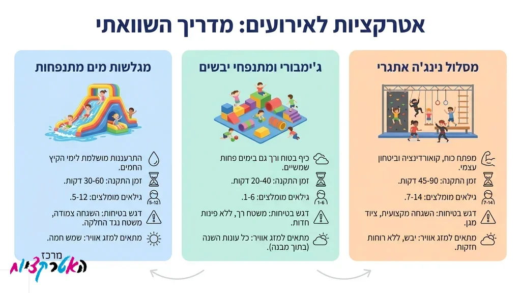 מגוון אטרקציות ומתקנים מתנפחים המסופקים על ידי מרכז האטרקציות לפעילות ילדים
