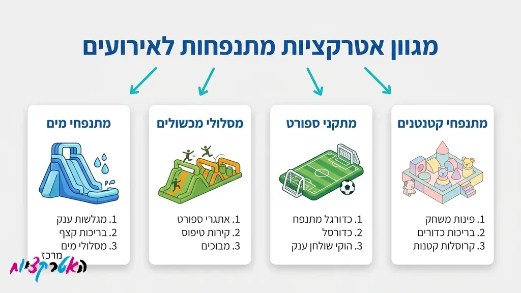 מגוון מתנפחים להשכרה הכוללים מגלשת מים ומסלול מכשולים מסודרים על מדשאה
