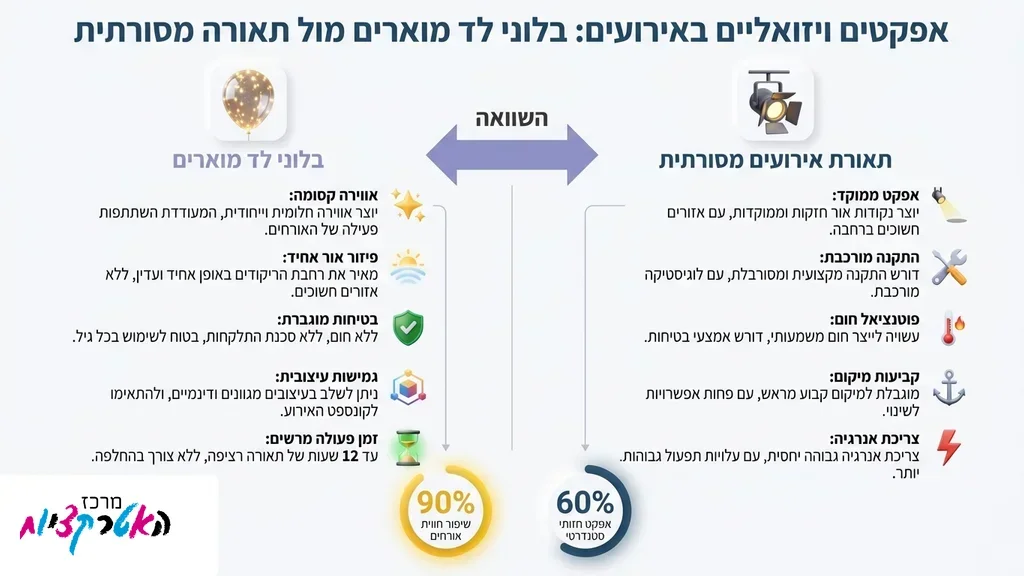 אורחים רוקדים עם בלוני לד מוארים ברחבת הריקודים בחתונה