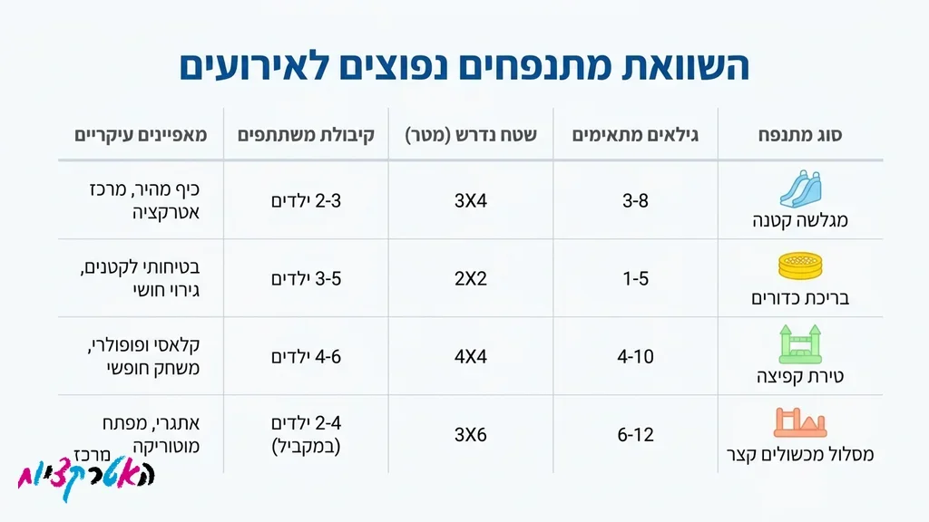 מגוון סוגי מתקנים מתנפחים לאירועי ילדים כולל טירה ובריכת כדורים