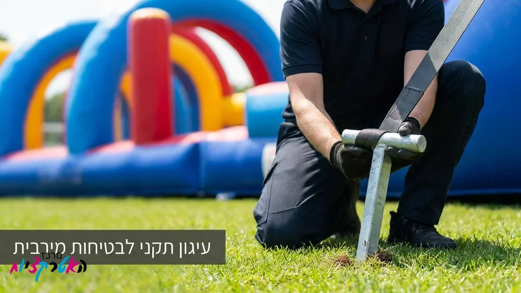 איש צוות מקצועי של מרכז האטרקציות מוודא את עיגון המתקן המתנפח לקרקע